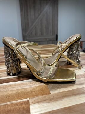 EGO Gold Strappy Heeled Sandals with Crystal Fringe Block Heel 466